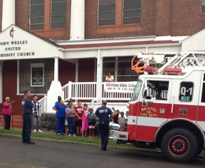Bristol Virginia Fire Department makes a presentation to the students at Vacation Bible School.